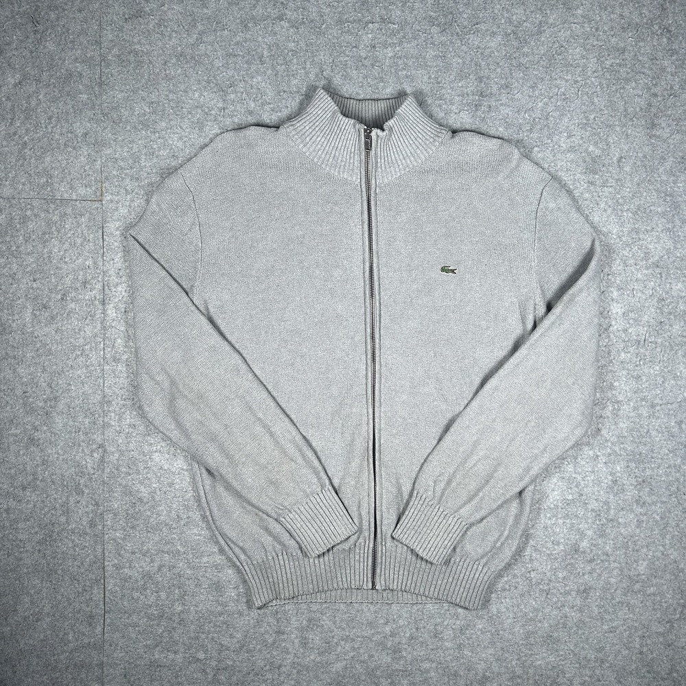 Vintage Lacoste Sweater Mens Large Grey Y2K Full Zip Knit Cardigan Mock Neck